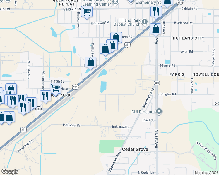 map of restaurants, bars, coffee shops, grocery stores, and more near 2335 Douglas Rd in Panama City