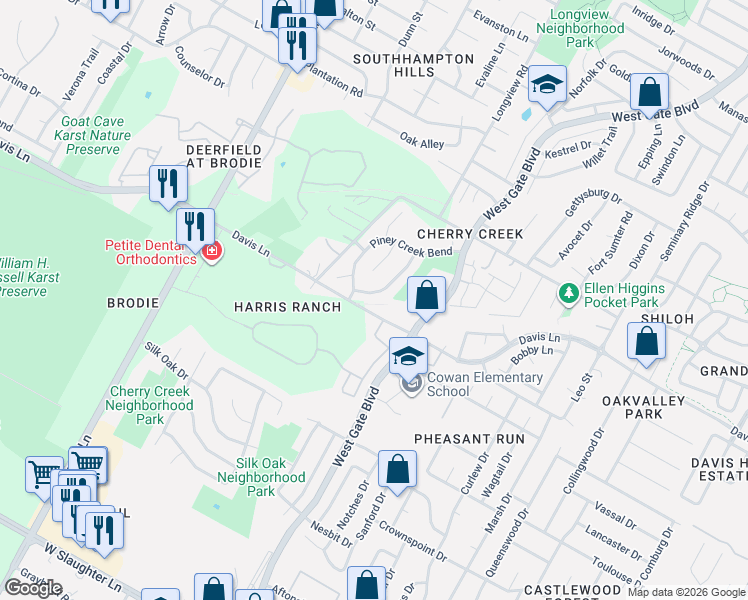 map of restaurants, bars, coffee shops, grocery stores, and more near 8716 West Gate Boulevard in Austin