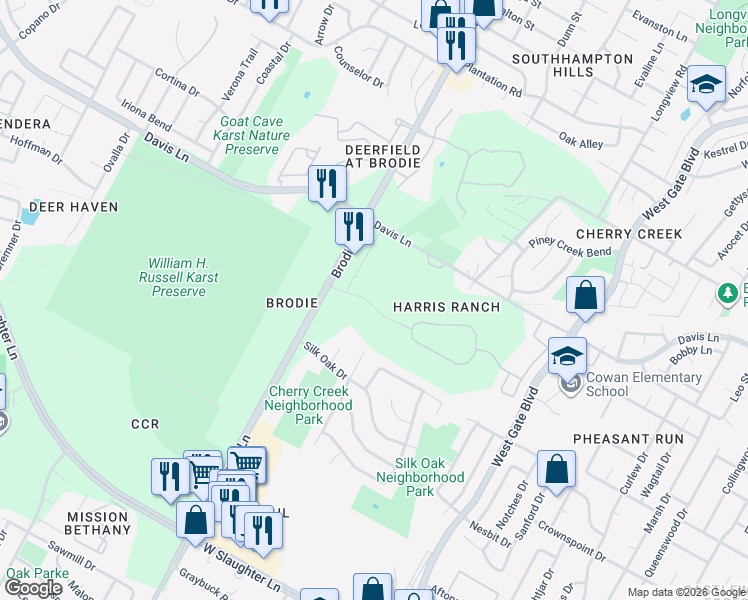 map of restaurants, bars, coffee shops, grocery stores, and more near 9201 1/2 Brodie Lane in Austin
