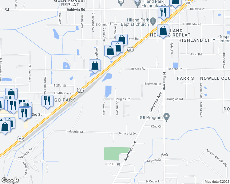 map of restaurants, bars, coffee shops, grocery stores, and more near 2335 Douglas Road in Panama City