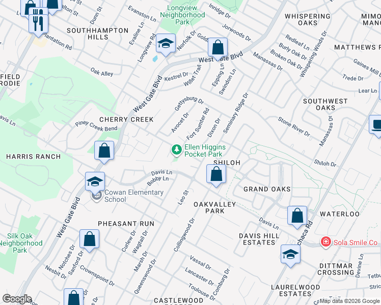 map of restaurants, bars, coffee shops, grocery stores, and more near 8412 Dixon Drive in Austin