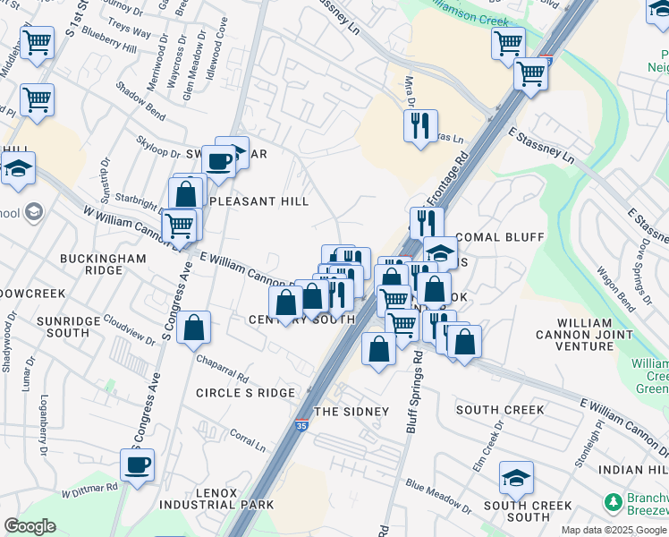 map of restaurants, bars, coffee shops, grocery stores, and more near 817 North Bluff Drive in Austin