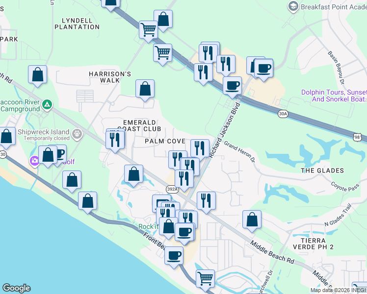 map of restaurants, bars, coffee shops, grocery stores, and more near 174 White Cap Way in Panama City Beach