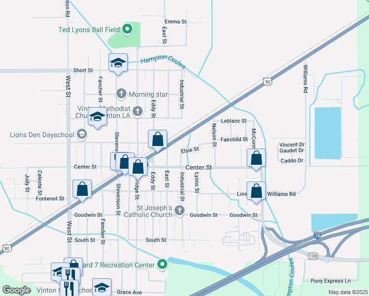 map of restaurants, bars, coffee shops, grocery stores, and more near 1115 Elsie St in Vinton