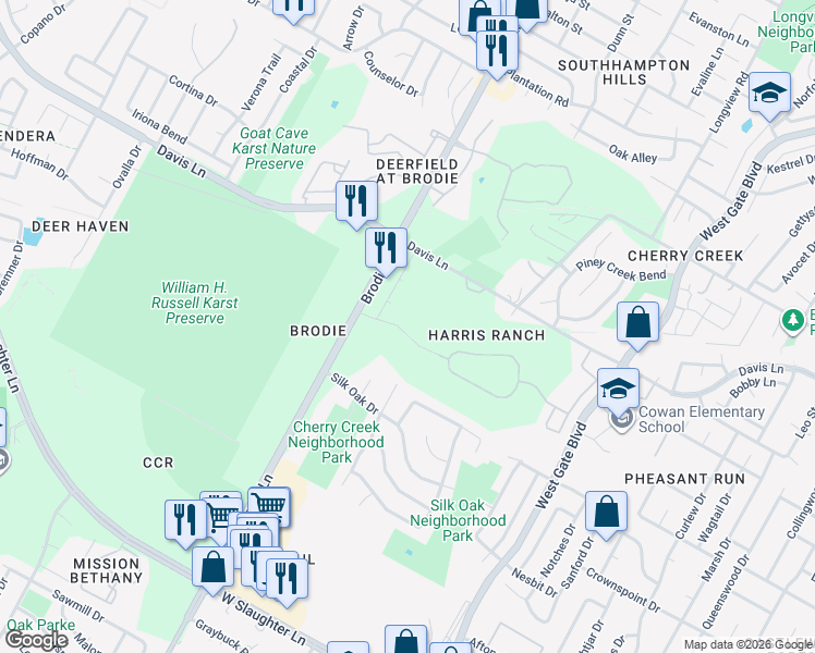 map of restaurants, bars, coffee shops, grocery stores, and more near 9201 1/2 Brodie Lane in Austin