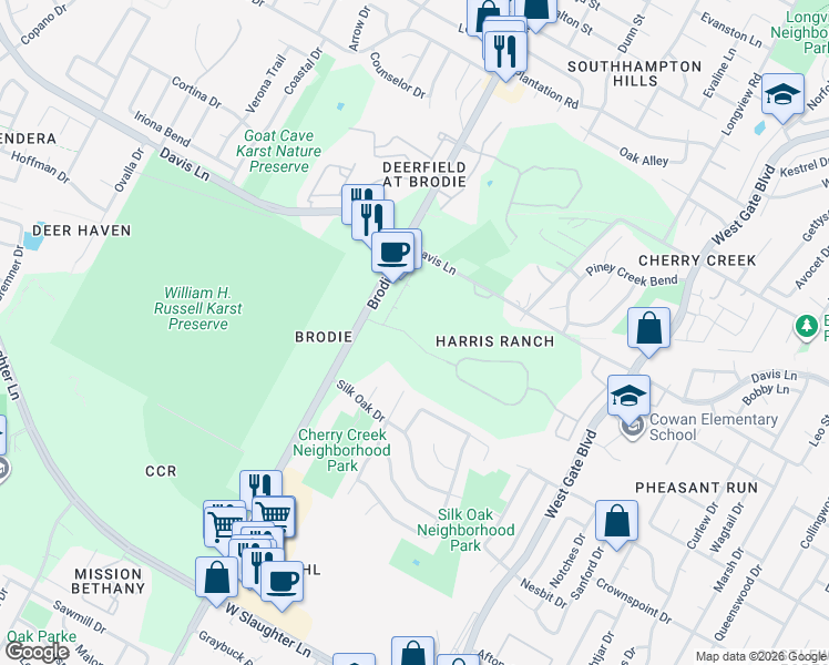 map of restaurants, bars, coffee shops, grocery stores, and more near 9201 1/2 Brodie Lane in Austin