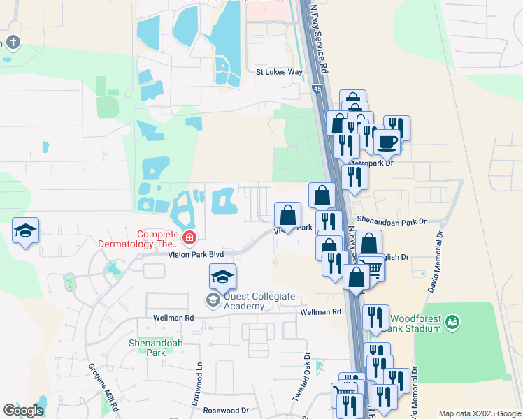 map of restaurants, bars, coffee shops, grocery stores, and more near 259 Green Boulevard in Conroe