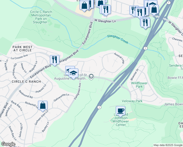 map of restaurants, bars, coffee shops, grocery stores, and more near 5515 Ballenton Lane in Austin