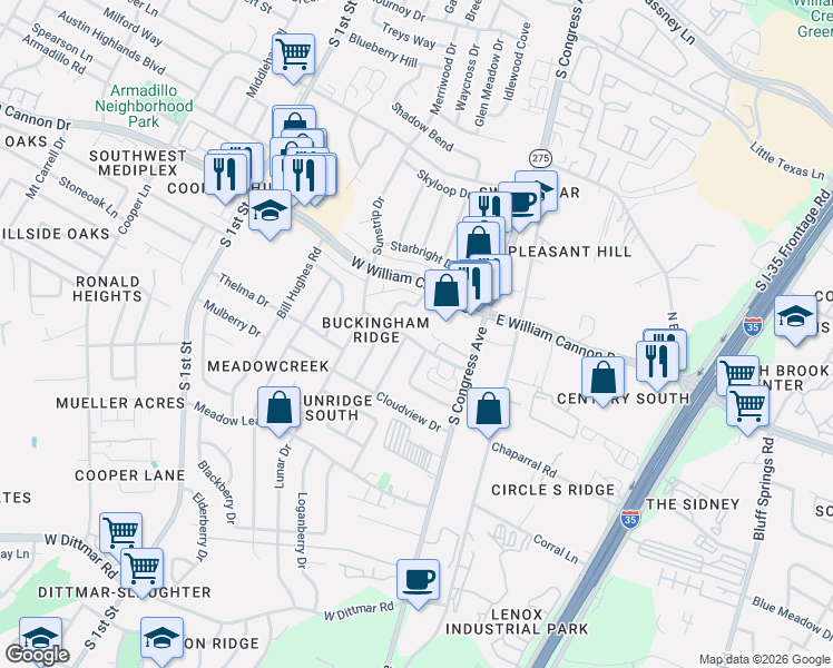 map of restaurants, bars, coffee shops, grocery stores, and more near 6801 Moonmont Drive in Austin