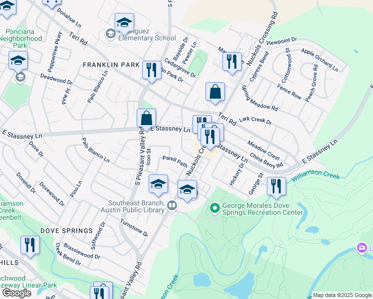 map of restaurants, bars, coffee shops, grocery stores, and more near 5004 Parell Path in Austin