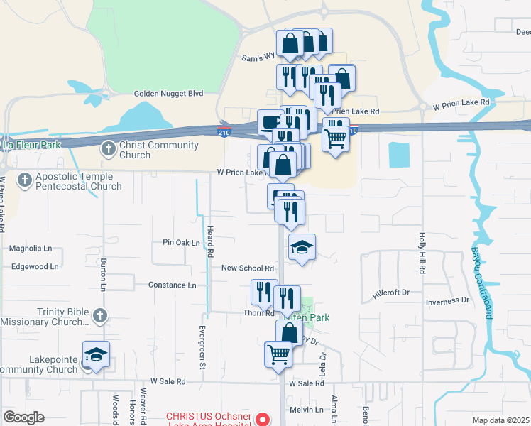 map of restaurants, bars, coffee shops, grocery stores, and more near 1839 Elmer Lane in Lake Charles