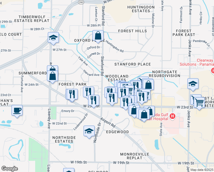 map of restaurants, bars, coffee shops, grocery stores, and more near 2405 Charco Drive in Panama City