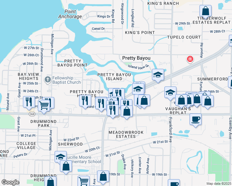 map of restaurants, bars, coffee shops, grocery stores, and more near 2400 Saint Andrews Boulevard in Panama City