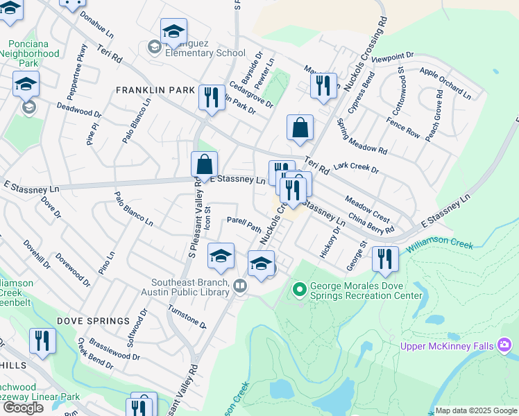 map of restaurants, bars, coffee shops, grocery stores, and more near 5004 Parell Path in Austin