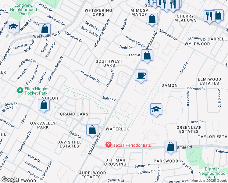 map of restaurants, bars, coffee shops, grocery stores, and more near 8102 Dowling Cove in Austin