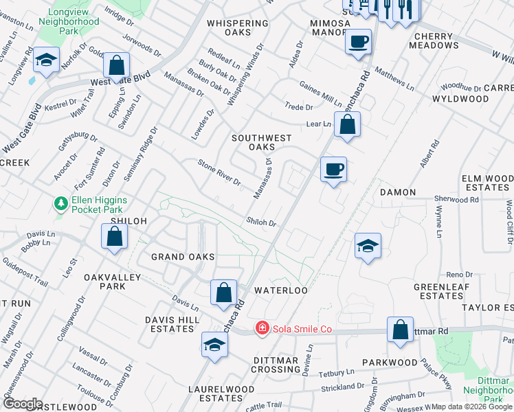 map of restaurants, bars, coffee shops, grocery stores, and more near 8111 Manassas Drive in Austin