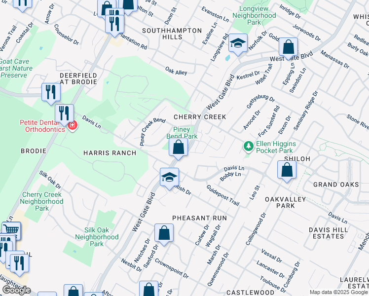 map of restaurants, bars, coffee shops, grocery stores, and more near 8700 West Gate Boulevard in Austin