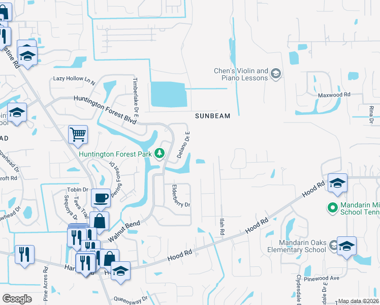map of restaurants, bars, coffee shops, grocery stores, and more near 10087 Delano Drive East in Jacksonville