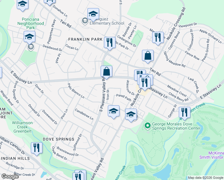 map of restaurants, bars, coffee shops, grocery stores, and more near 4904 Parell Path in Austin