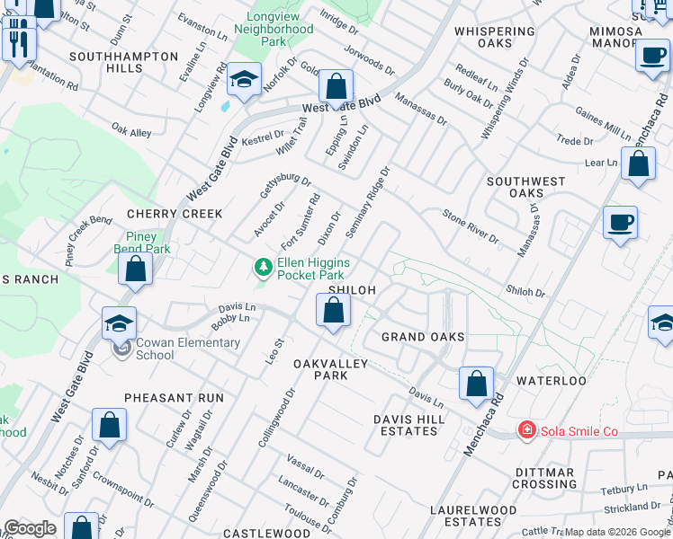 map of restaurants, bars, coffee shops, grocery stores, and more near 8413 Kearsarge Drive in Austin