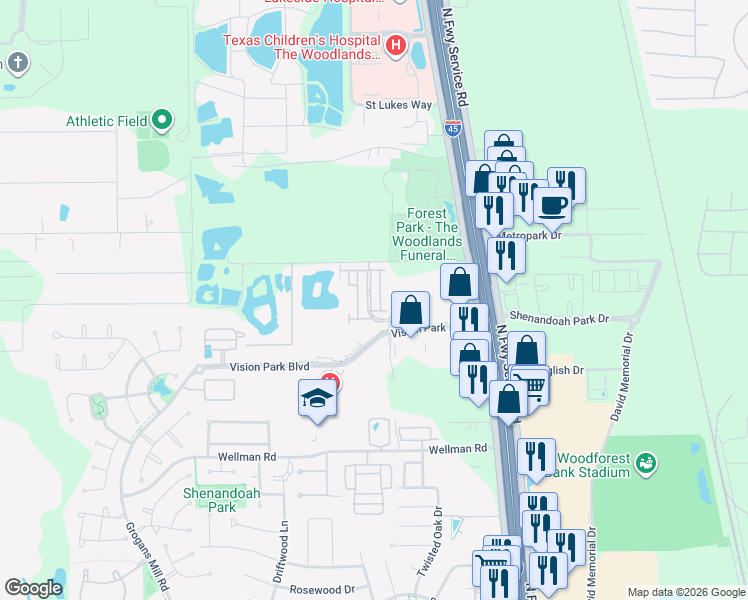 map of restaurants, bars, coffee shops, grocery stores, and more near 259 Green Boulevard in Conroe