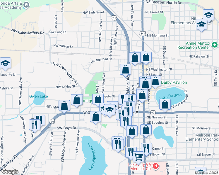 map of restaurants, bars, coffee shops, grocery stores, and more near 601-799 Northwest Hamilton Street in Lake City