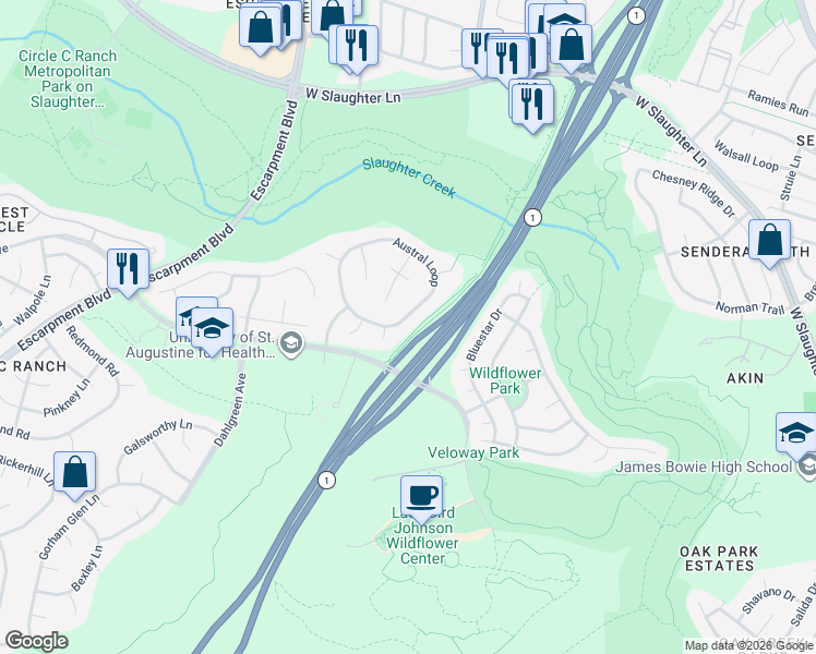 map of restaurants, bars, coffee shops, grocery stores, and more near 5230 Austral Loop in Austin