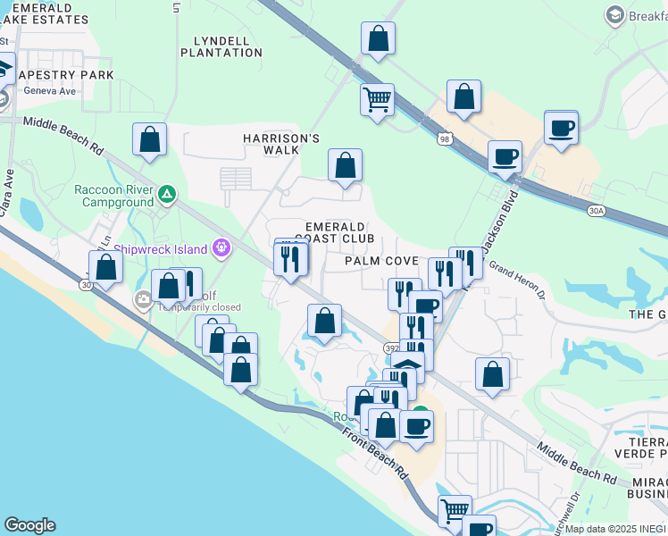 map of restaurants, bars, coffee shops, grocery stores, and more near 11816 Cabana Court in Panama City Beach