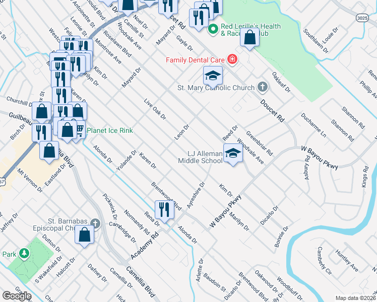 map of restaurants, bars, coffee shops, grocery stores, and more near 1400 Blk Duhon Road in Lafayette