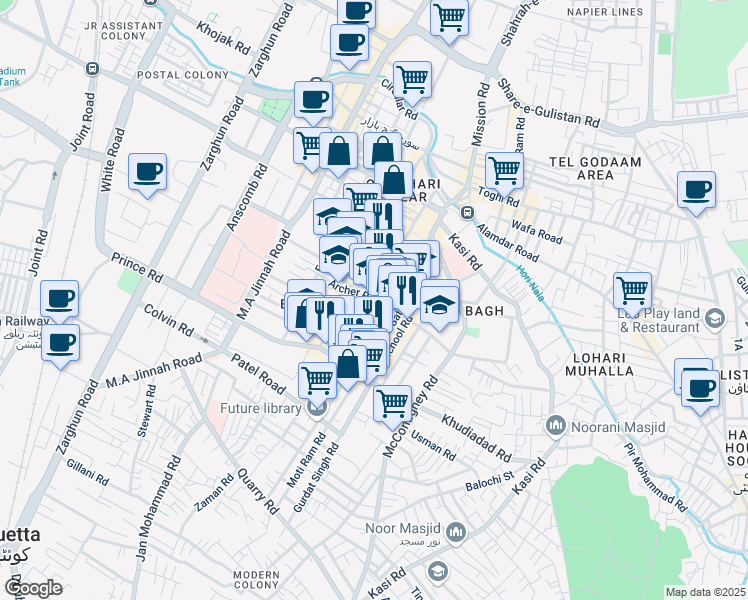 map of restaurants, bars, coffee shops, grocery stores, and more near Archer Road in Quetta