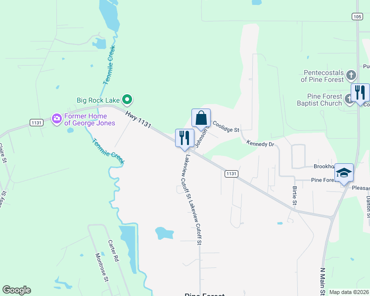map of restaurants, bars, coffee shops, grocery stores, and more near 975 Highway 1131 in Vidor