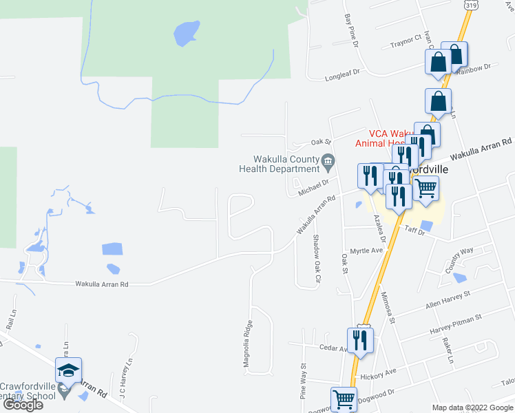 map of restaurants, bars, coffee shops, grocery stores, and more near 179 Savannah Forest Circle in Crawfordville