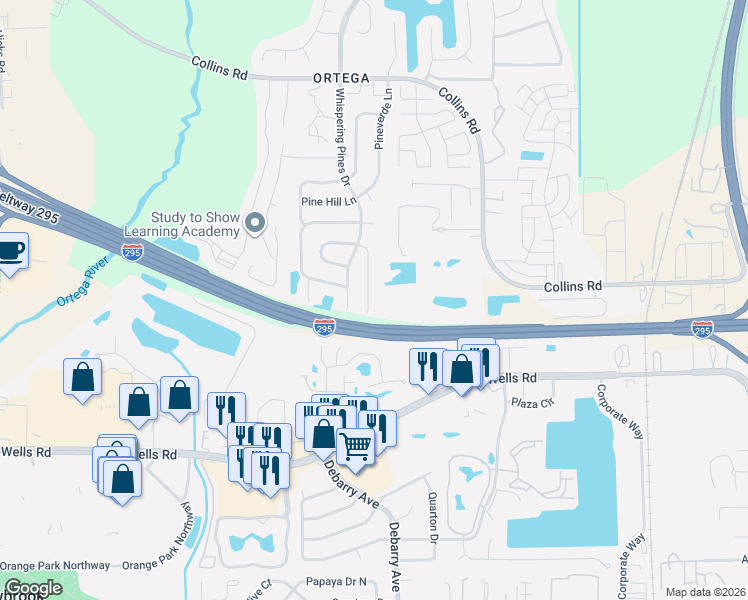 map of restaurants, bars, coffee shops, grocery stores, and more near 8785 Pinevalley Lane in Jacksonville