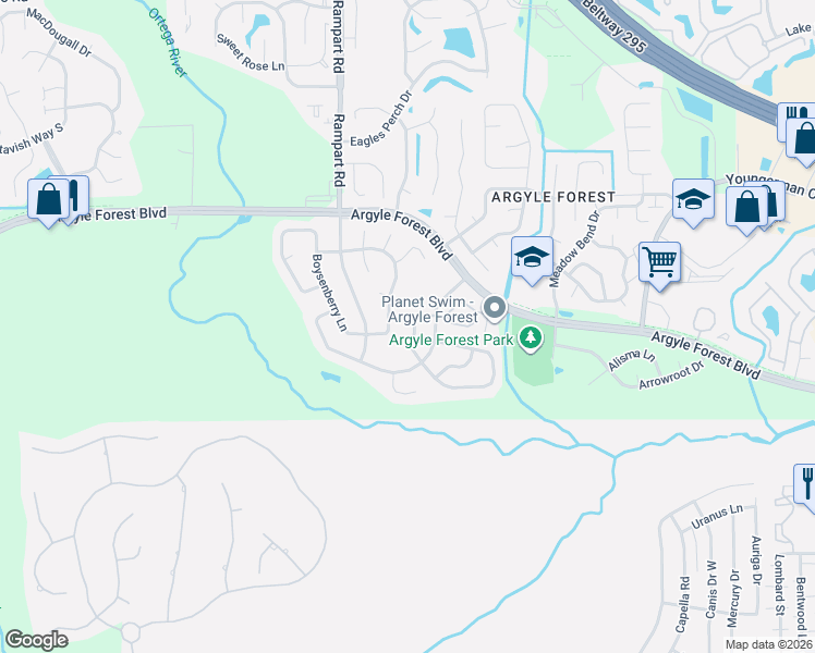map of restaurants, bars, coffee shops, grocery stores, and more near 8610 Boxberry Lane in Jacksonville