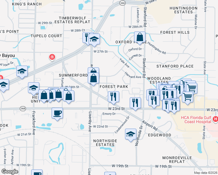 map of restaurants, bars, coffee shops, grocery stores, and more near 2415 Auburn Drive in Panama City