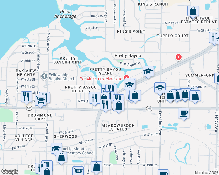map of restaurants, bars, coffee shops, grocery stores, and more near 2400 Saint Andrews Boulevard in Panama City