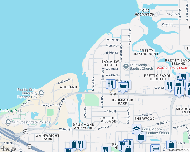 map of restaurants, bars, coffee shops, grocery stores, and more near 2319B Mound Avenue in Panama City