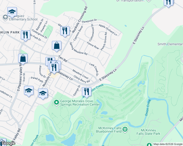 map of restaurants, bars, coffee shops, grocery stores, and more near 5715 Teri Road in Austin