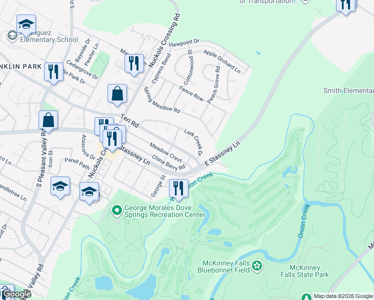 map of restaurants, bars, coffee shops, grocery stores, and more near 5715 Teri Road in Austin