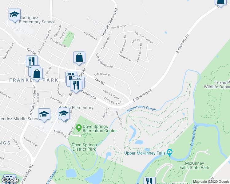 map of restaurants, bars, coffee shops, grocery stores, and more near 5701 Meadow Crest in Austin
