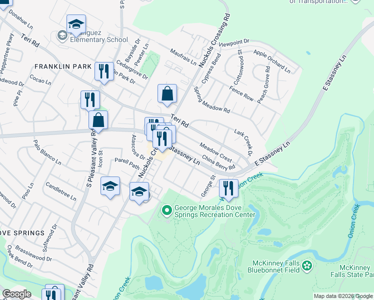 map of restaurants, bars, coffee shops, grocery stores, and more near 5408 Mesquite Grove Road in Austin