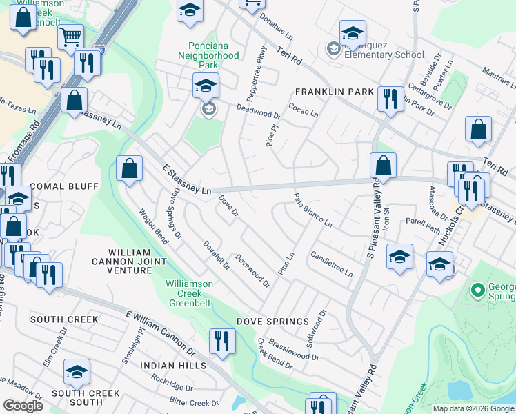 map of restaurants, bars, coffee shops, grocery stores, and more near 2504 Kumquat Court in Austin