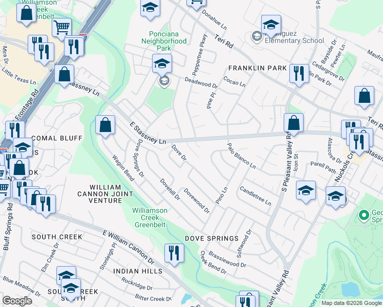 map of restaurants, bars, coffee shops, grocery stores, and more near 2407 Dove Drive in Austin