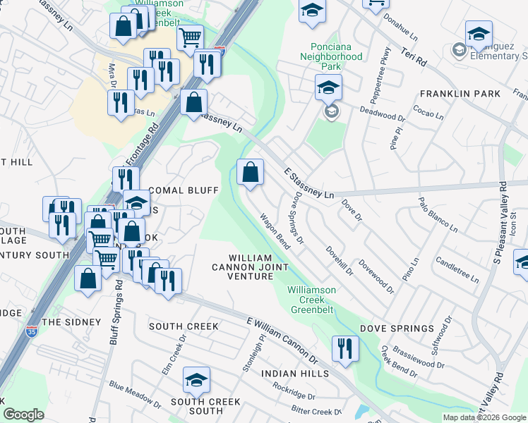 map of restaurants, bars, coffee shops, grocery stores, and more near 6106 Wagon Bend in Austin