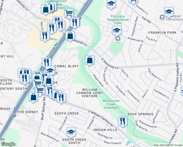 map of restaurants, bars, coffee shops, grocery stores, and more near 6106 Wagon Bend in Austin