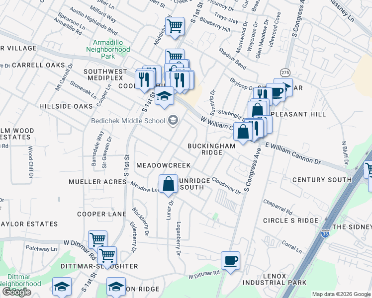 map of restaurants, bars, coffee shops, grocery stores, and more near 305 Thelma Drive in Austin