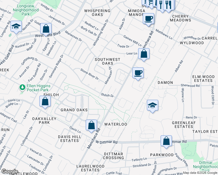 map of restaurants, bars, coffee shops, grocery stores, and more near 8102 Dowling Cove in Austin