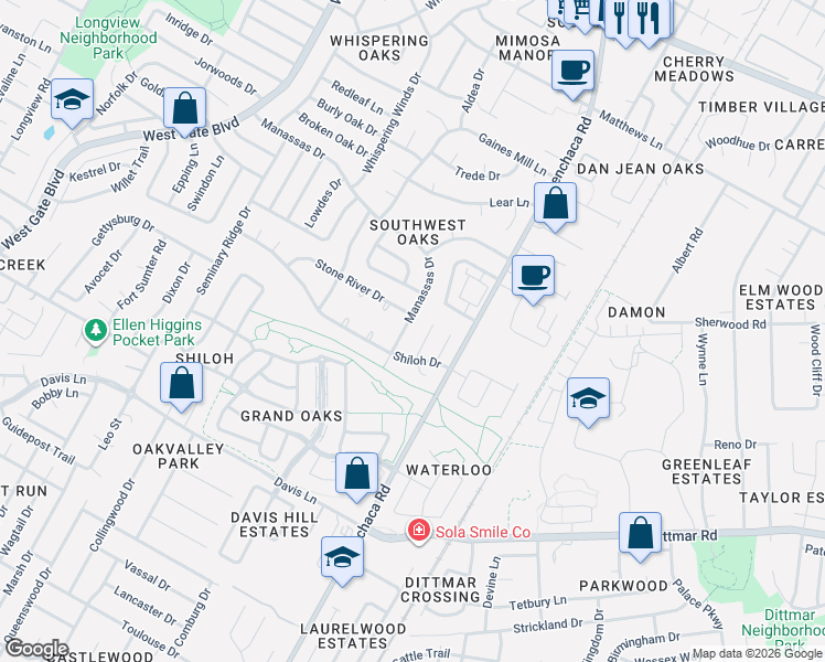map of restaurants, bars, coffee shops, grocery stores, and more near 8111 Manassas Drive in Austin