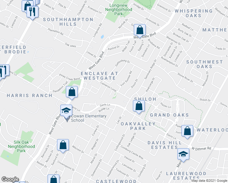 map of restaurants, bars, coffee shops, grocery stores, and more near 8505 Apple Carrie Cove in Austin