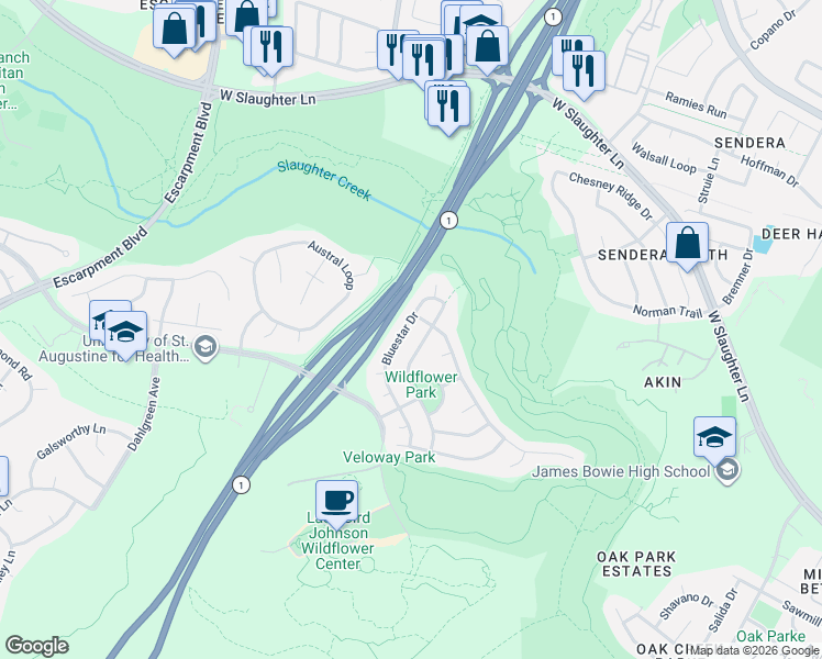 map of restaurants, bars, coffee shops, grocery stores, and more near 5113 Scottish Thistle Drive in Austin